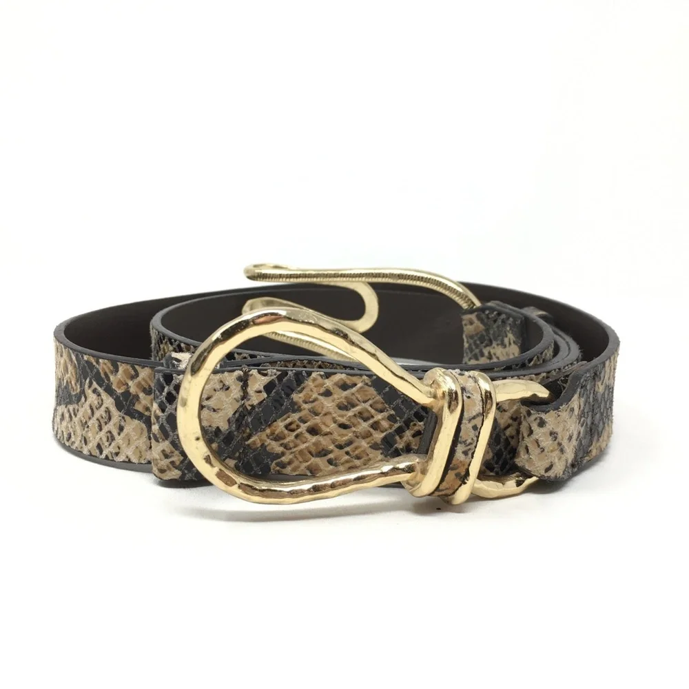 Chico's Faux Snake Skin Leather Belt M/L Adjustable Gold Hardware Hook Closure